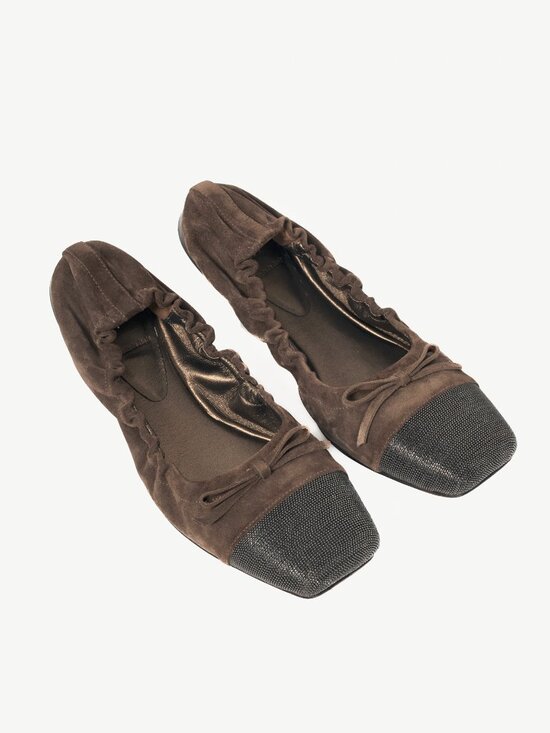 Brunello Cucinelli Shoes - Brunello Cucinelli Brown Suede Monili-Cap-Toe Bow Flats